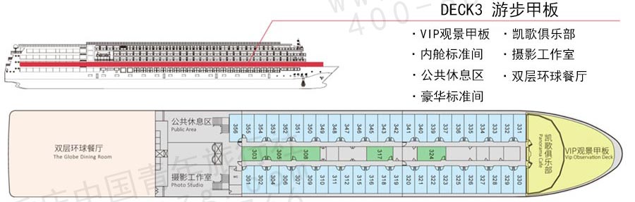 世纪凯歌号豪华三峡游轮甲板布局介绍：游步甲板
